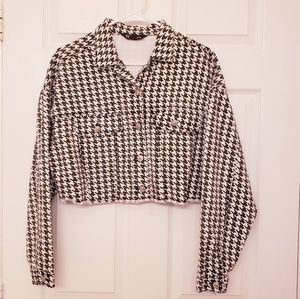 Houndstooth Cropped Denim Jacket